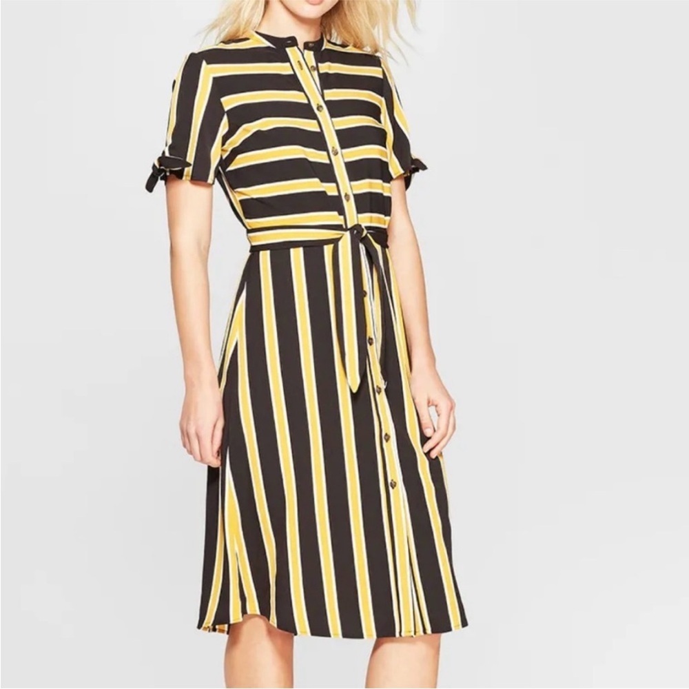NEW Who What Wear Midi Shirt Dress XS | Marigold Stripe | Tie Waist‎